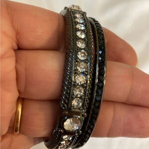 Bundle of 2 Gun Metal Jeweled Bangle Bracelets Jewelry Lot Black Clear Stones